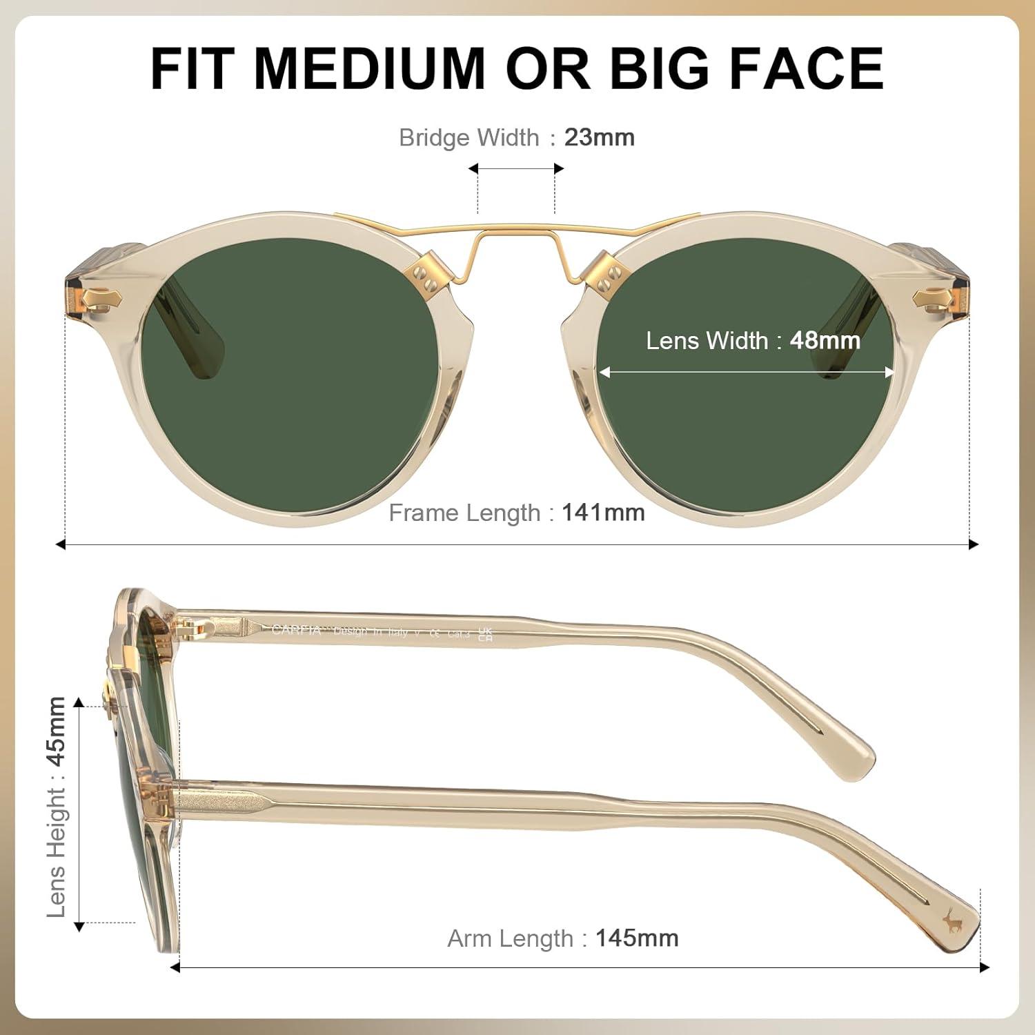 imageCARFIA Small Face Acetate Polarized Sunglasses for Women UV Protection Retro Double Bridge Eyewears Metal Brow Round Sunnies50 Clear Yellow Frame Green Lens