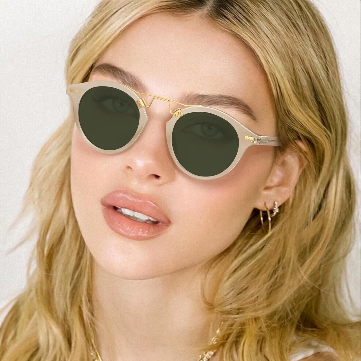 imageCARFIA Small Face Acetate Polarized Sunglasses for Women UV Protection Retro Double Bridge Eyewears Metal Brow Round Sunnies50 Clear Yellow Frame Green Lens