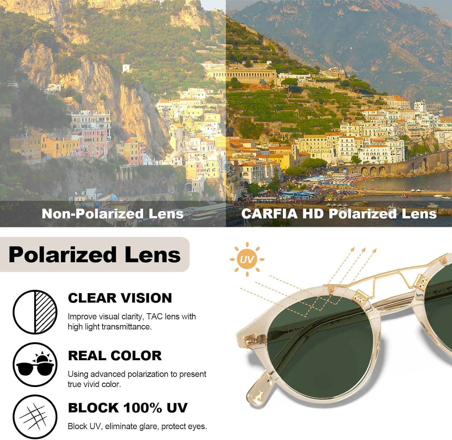 imageCARFIA Small Face Acetate Polarized Sunglasses for Women UV Protection Retro Double Bridge Eyewears Metal Brow Round Sunnies50 Clear Yellow Frame Green Lens
