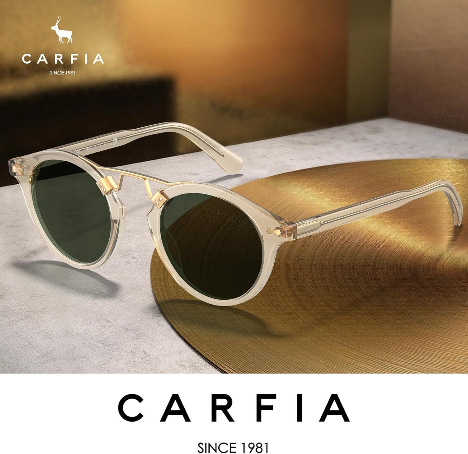 imageCARFIA Small Face Acetate Polarized Sunglasses for Women UV Protection Retro Double Bridge Eyewears Metal Brow Round Sunnies50 Clear Yellow Frame Green Lens