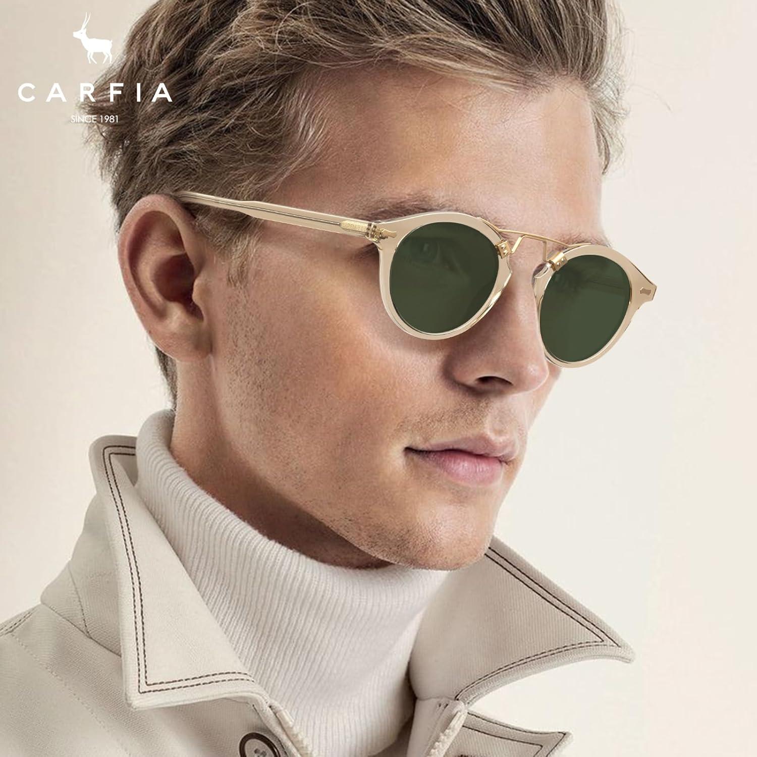 imageCARFIA Small Face Acetate Polarized Sunglasses for Women UV Protection Retro Double Bridge Eyewears Metal Brow Round Sunnies50 Clear Yellow Frame Green Lens