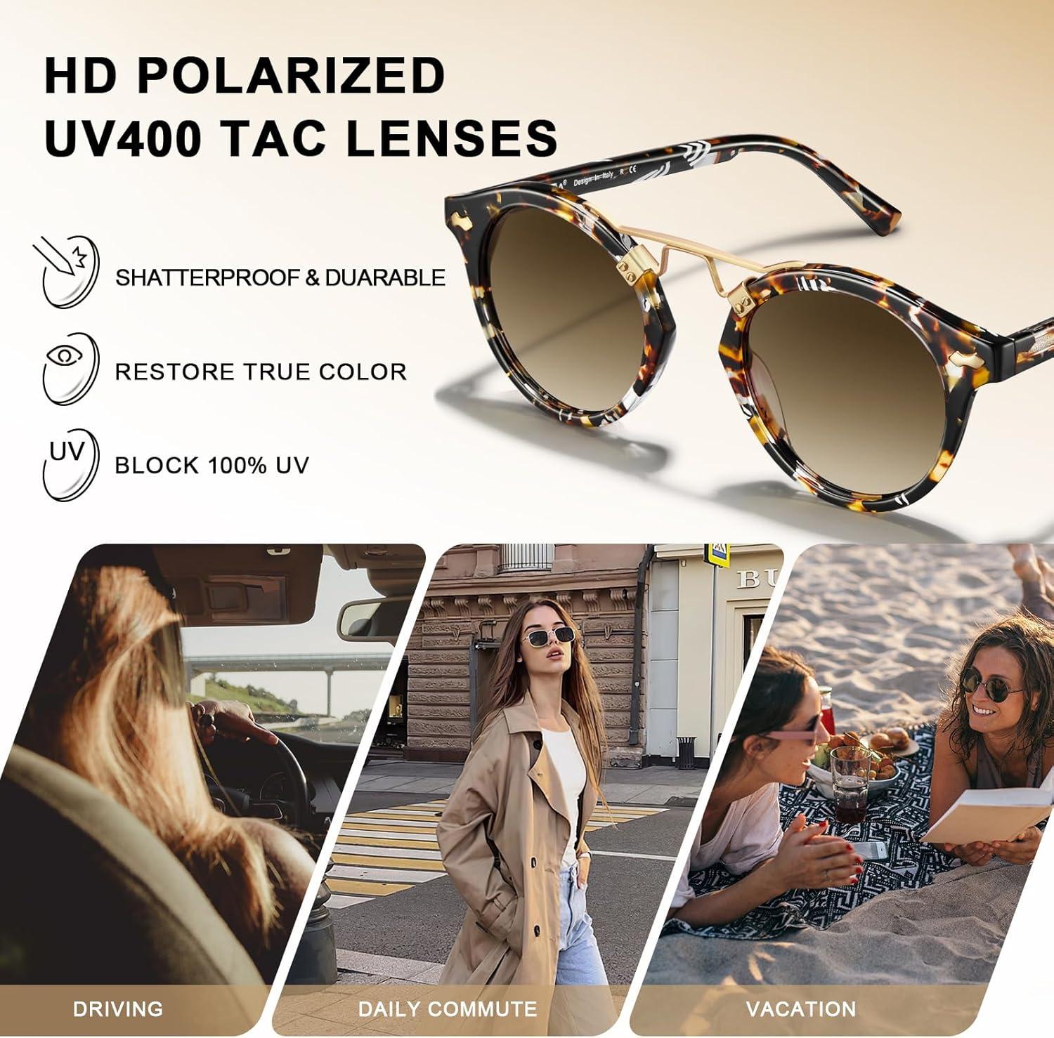 imageCARFIA Small Face Acetate Polarized Sunglasses for Women UV Protection Retro Double Bridge Eyewears Metal Brow Round Sunnies80 Brown Tortoise Frame Gradient Brown Lens