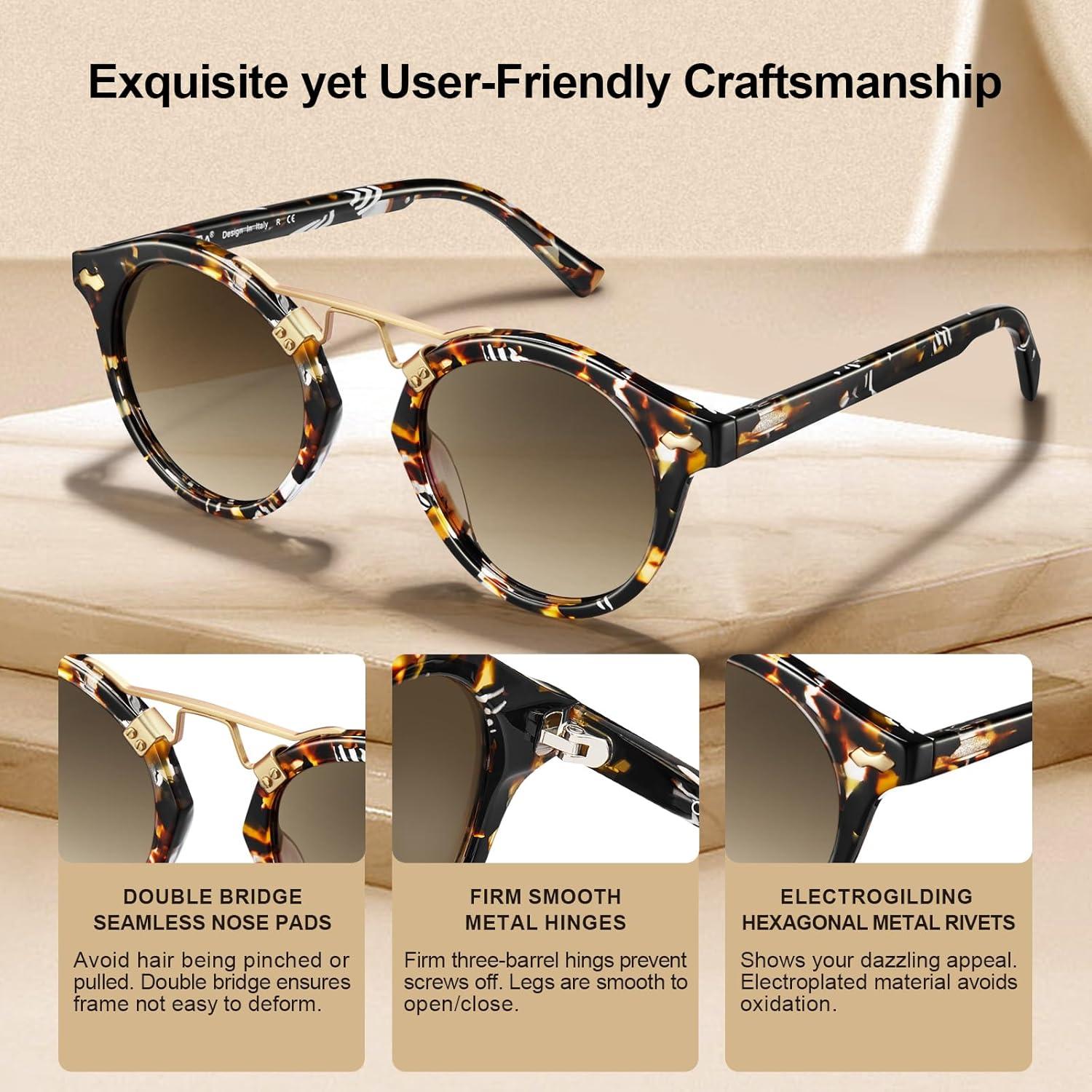 imageCARFIA Small Face Acetate Polarized Sunglasses for Women UV Protection Retro Double Bridge Eyewears Metal Brow Round Sunnies80 Brown Tortoise Frame Gradient Brown Lens