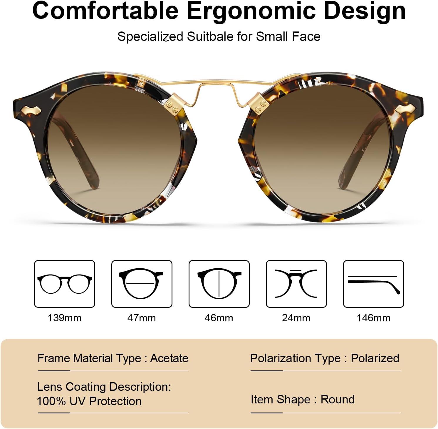 imageCARFIA Small Face Acetate Polarized Sunglasses for Women UV Protection Retro Double Bridge Eyewears Metal Brow Round Sunnies80 Brown Tortoise Frame Gradient Brown Lens