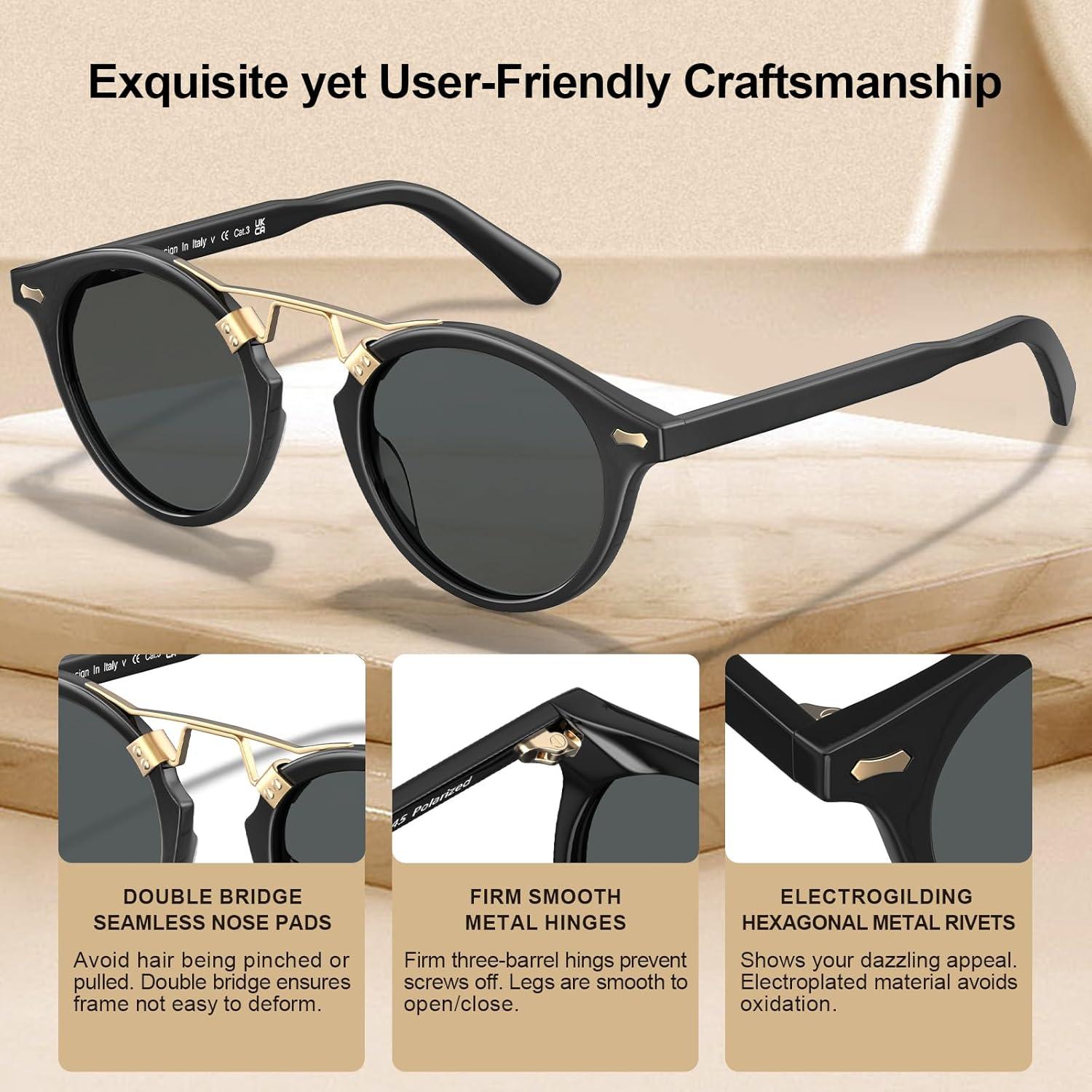 imageCARFIA Small Face Acetate Polarized Sunglasses for Women UV Protection Retro Double Bridge Eyewears Metal Brow Round Sunnies91 Black Frame Grey Lens