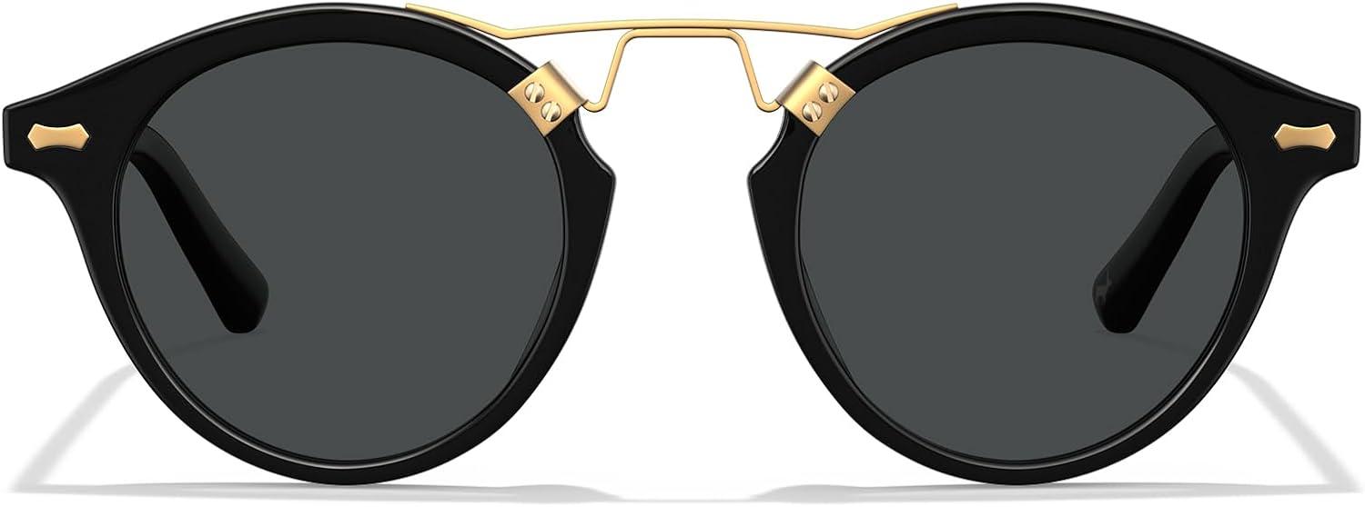 imageCARFIA Small Face Acetate Polarized Sunglasses for Women UV Protection Retro Double Bridge Eyewears Metal Brow Round Sunnies91 Black Frame Grey Lens