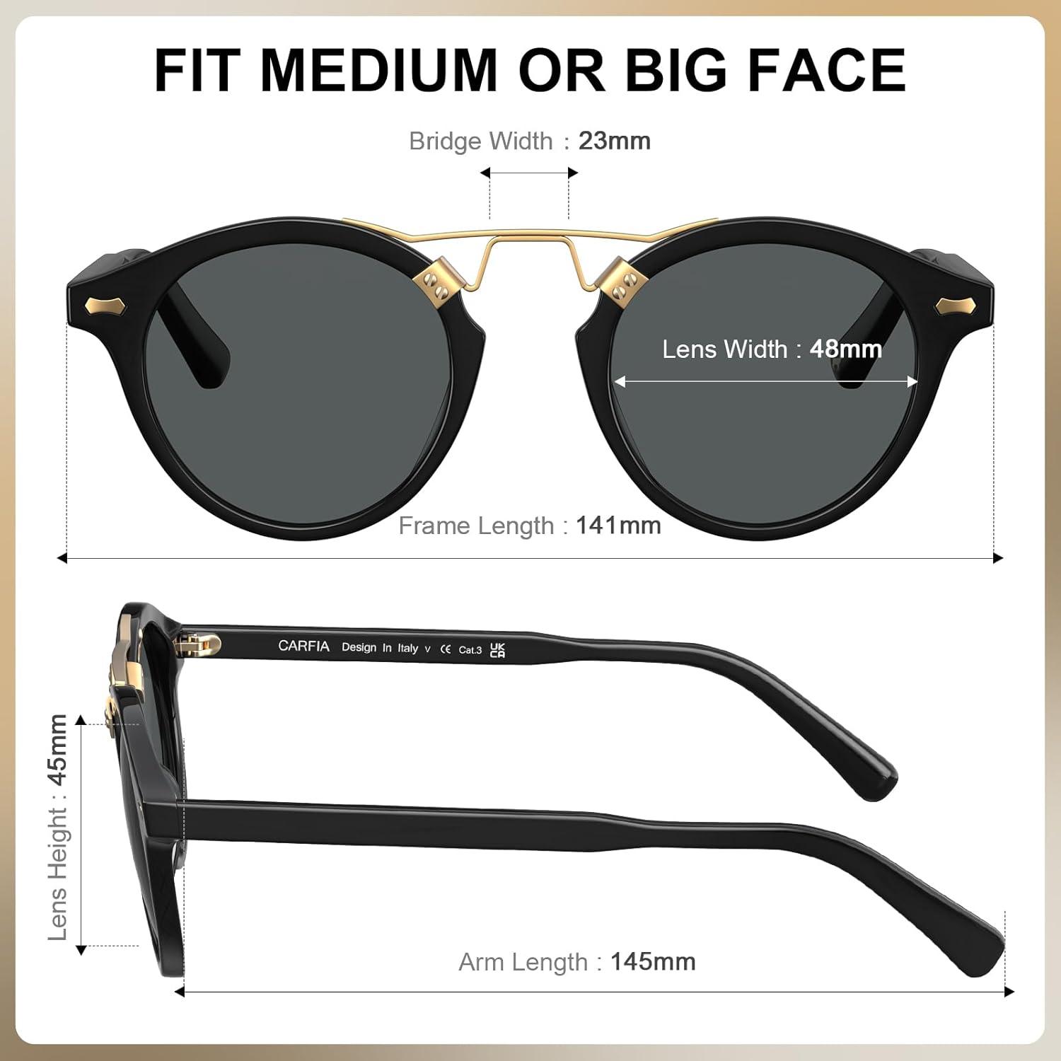 imageCARFIA Small Face Acetate Polarized Sunglasses for Women UV Protection Retro Double Bridge Eyewears Metal Brow Round Sunnies91 Black Frame Grey Lens
