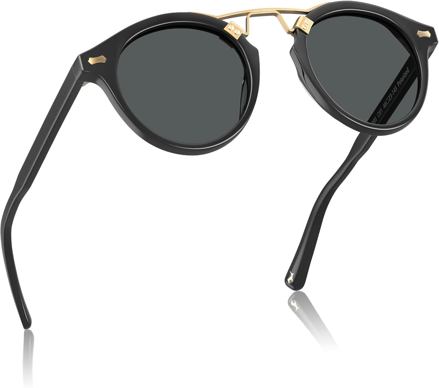 imageCARFIA Small Face Acetate Polarized Sunglasses for Women UV Protection Retro Double Bridge Eyewears Metal Brow Round Sunnies91 Black Frame Grey Lens