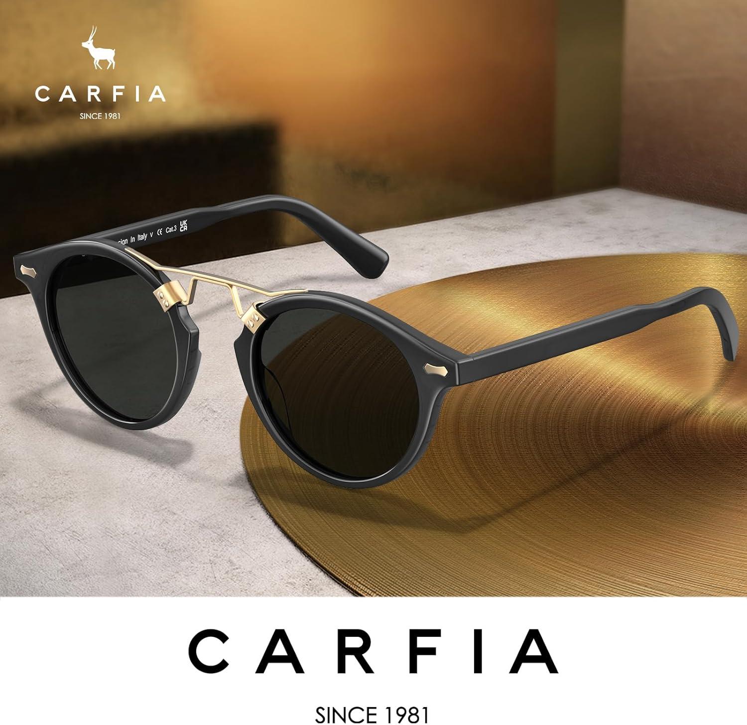 imageCARFIA Small Face Acetate Polarized Sunglasses for Women UV Protection Retro Double Bridge Eyewears Metal Brow Round Sunnies91 Black Frame Grey Lens