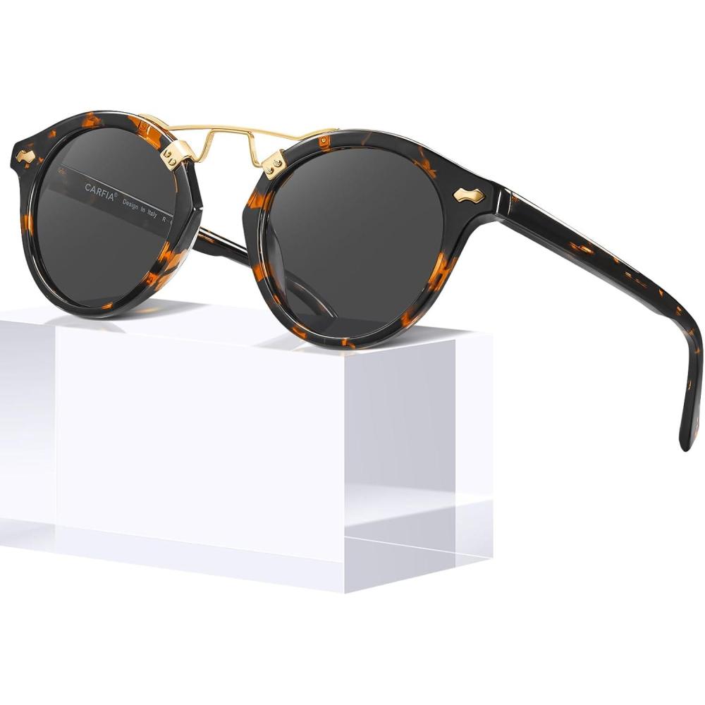 imageCARFIA Small Face Acetate Polarized Sunglasses for Women UV Protection Retro Double Bridge Eyewears Metal Brow Round Sunnies3 Tortoise Frame Grey Lens