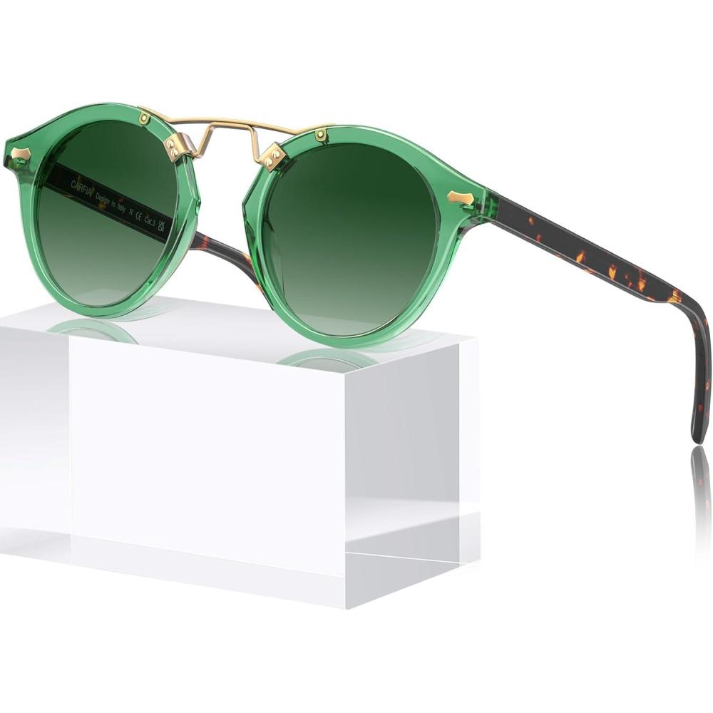imageCARFIA Small Face Acetate Polarized Sunglasses for Women UV Protection Retro Double Bridge Eyewears Metal Brow Round Sunnies51 Translucent Green Frame Gradient Green Lens