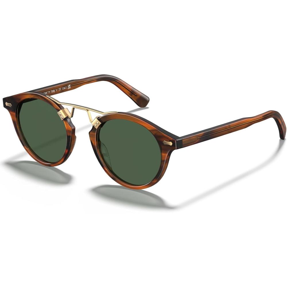 imageCARFIA Small Face Acetate Polarized Sunglasses for Women UV Protection Retro Double Bridge Eyewears Metal Brow Round Sunnies92 Brown Striped Frame Green Lens