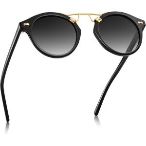 CARFIA Small Face Acetate Polarized Sunglasses for Women UV Protection, Retro Double Bridge Eyewears Metal Brow Round Sunnies(1. Black Frame Gradient Grey Lens)