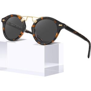 CARFIA Small Face Acetate Polarized Sunglasses for Women UV Protection, Retro Double Bridge Eyewears Metal Brow Round Sunnies(3. Tortoise Frame Grey Lens)