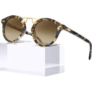 CARFIA Small Face Acetate Polarized Sunglasses for Women UV Protection, Retro Double Bridge Eyewears Metal Brow Round Sunnies(4. Tortoise Frame Gradient Brown Lens)