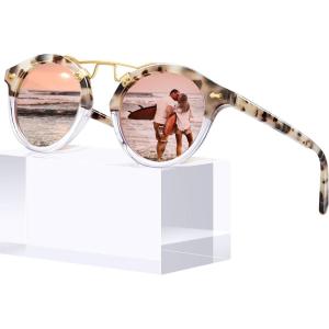 CARFIA Small Face Acetate Polarized Sunglasses for Women UV Protection, Retro Double Bridge Eyewears Metal Brow Round Sunnies(5-1. Pink Tortoise Frame Pink Mirror)
