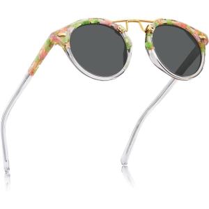 CARFIA Small Face Acetate Polarized Sunglasses for Women UV Protection, Retro Double Bridge Eyewears Metal Brow Round Sunnies(6. Green Tortoise Frame Grey Lens)