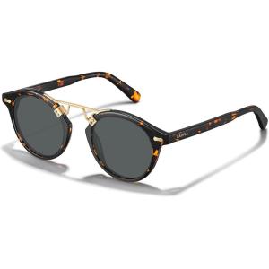 CARFIA Small Face Acetate Polarized Sunglasses for Women UV Protection, Retro Double Bridge Eyewears Metal Brow Round Sunnies(6-0. Tortoise Frame Grey Lens)