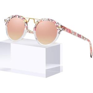 CARFIA Small Face Acetate Polarized Sunglasses for Women UV Protection, Retro Double Bridge Eyewears Metal Brow Round Sunnies(8-3. Pink White Tortoise Frame Pink Mirrored)