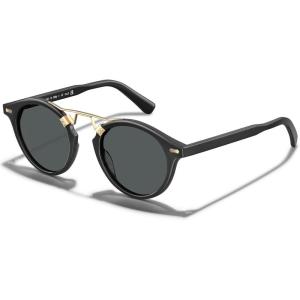 CARFIA Small Face Acetate Polarized Sunglasses for Women UV Protection, Retro Double Bridge Eyewears Metal Brow Round Sunnies(9-1. Black Frame Grey Lens)