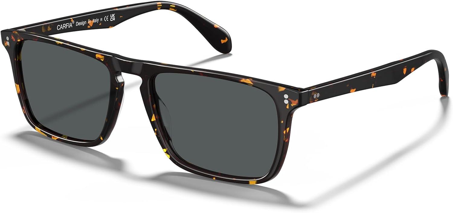 imageCARFIA Retro Polarized Sunglasses for Men UV Protection Handcrafted Acetate Frame Fashion Cool Sun Glasses CA5357294 Tortoise Frame Grey Lenses