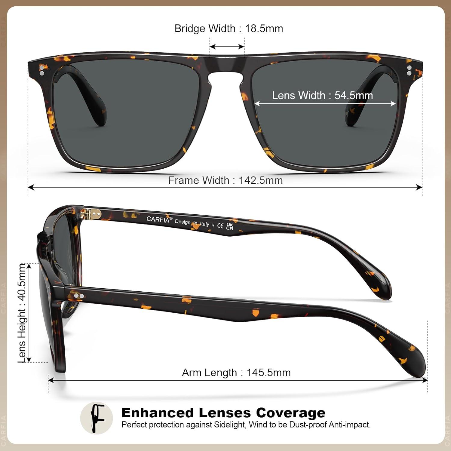 imageCARFIA Retro Polarized Sunglasses for Men UV Protection Handcrafted Acetate Frame Fashion Cool Sun Glasses CA5357294 Tortoise Frame Grey Lenses