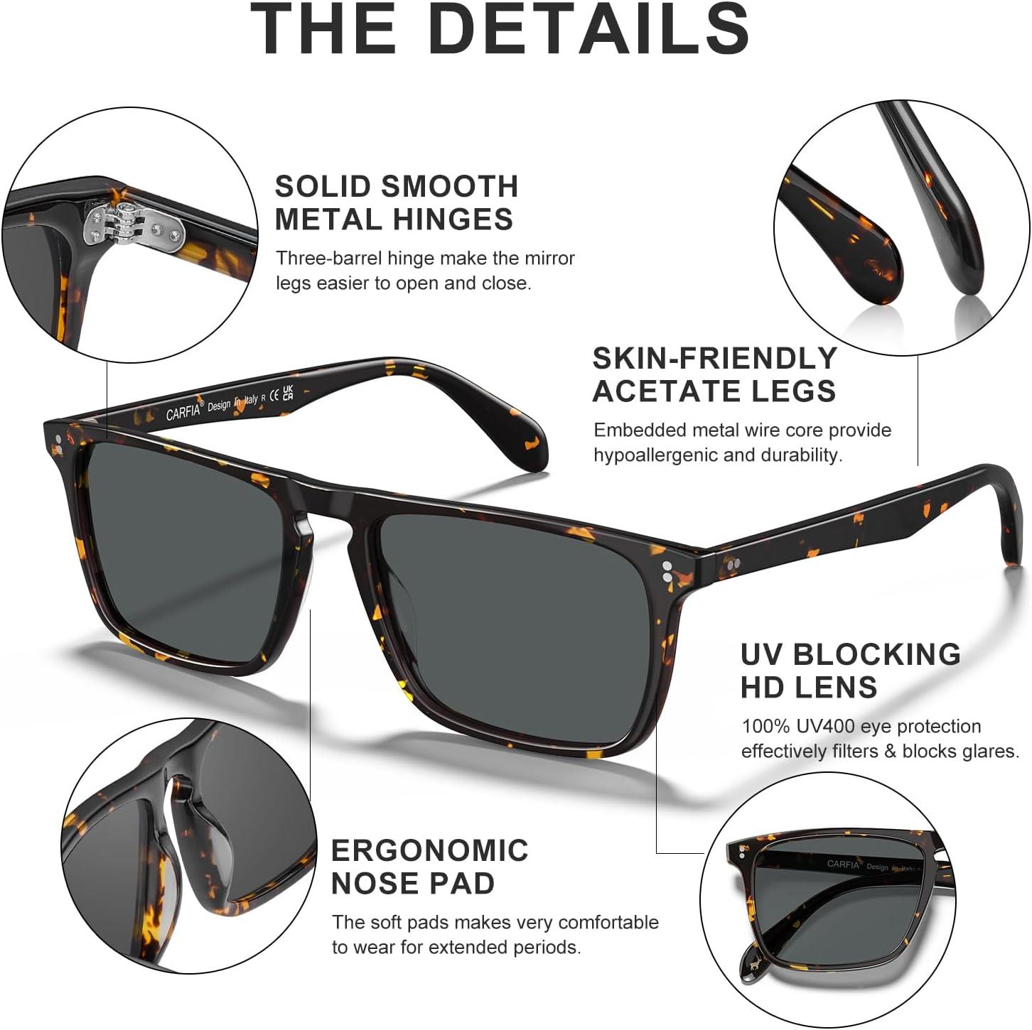 imageCARFIA Retro Polarized Sunglasses for Men UV Protection Handcrafted Acetate Frame Fashion Cool Sun Glasses CA5357294 Tortoise Frame Grey Lenses