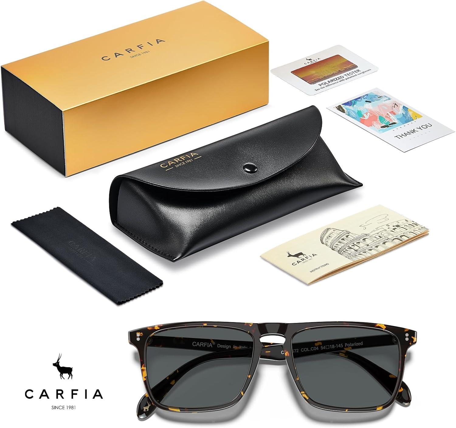 imageCARFIA Retro Polarized Sunglasses for Men UV Protection Handcrafted Acetate Frame Fashion Cool Sun Glasses CA5357294 Tortoise Frame Grey Lenses