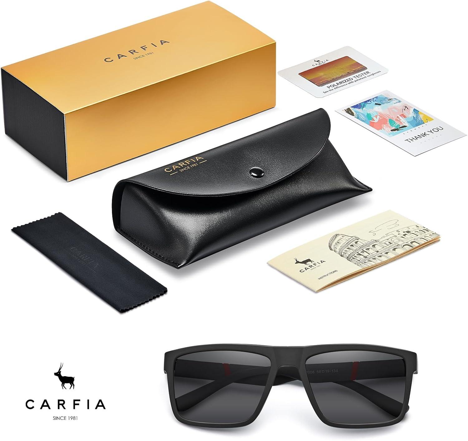 imageCARFIA Grid Temple Polarized Sunglasses for Men UV Protection Sturdy TR90 Frame Cool Square Sun GlassesBlack Frame Grey Lens