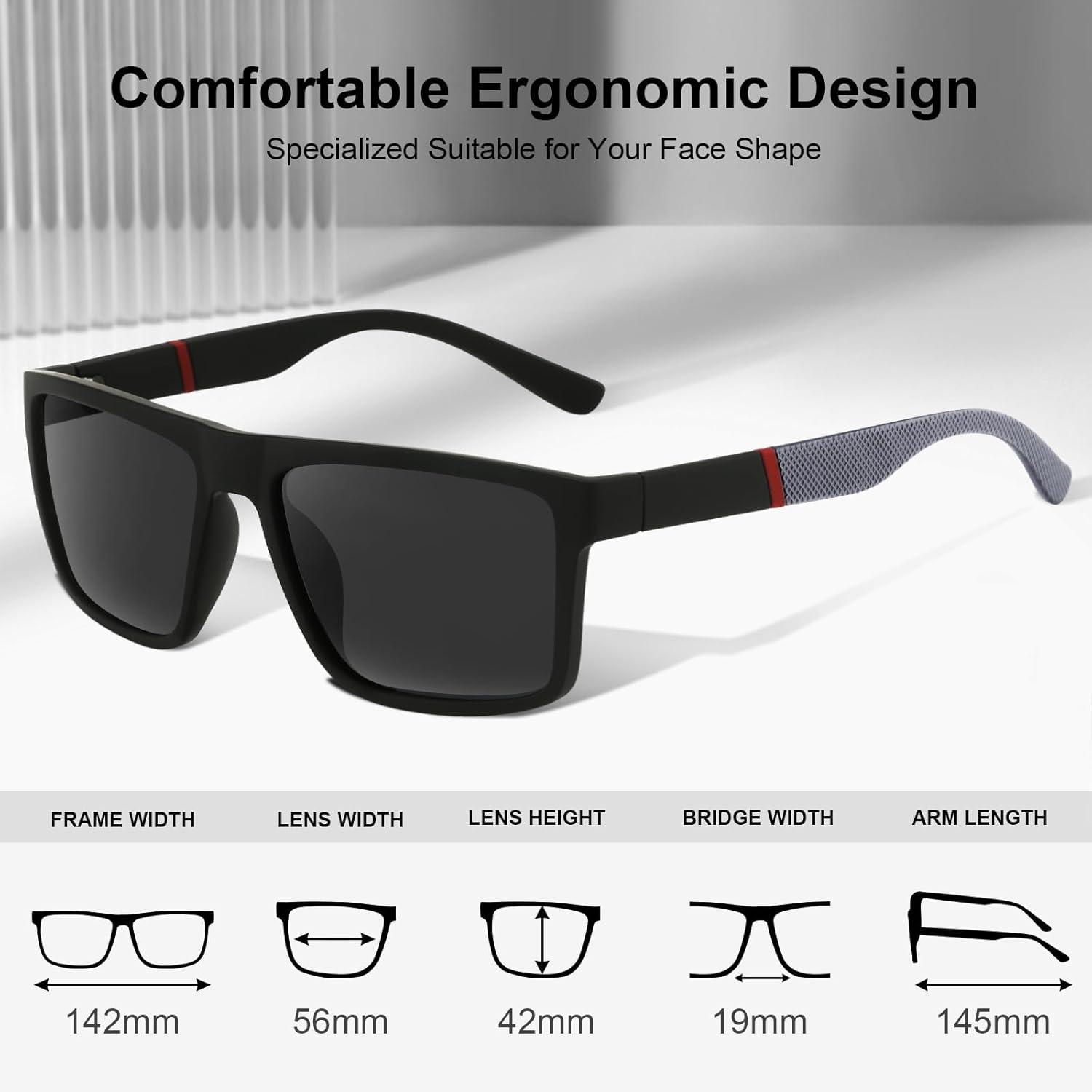 imageCARFIA Grid Temple Polarized Sunglasses for Men UV Protection Sturdy TR90 Frame Cool Square Sun GlassesBlack Frame Grey Lens