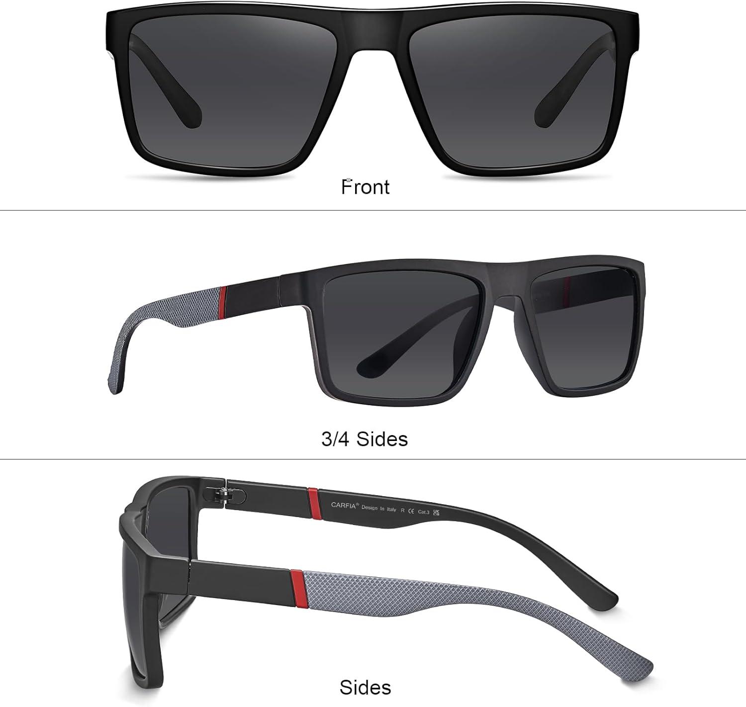 imageCARFIA Grid Temple Polarized Sunglasses for Men UV Protection Sturdy TR90 Frame Cool Square Sun GlassesBlack Frame Grey Lens