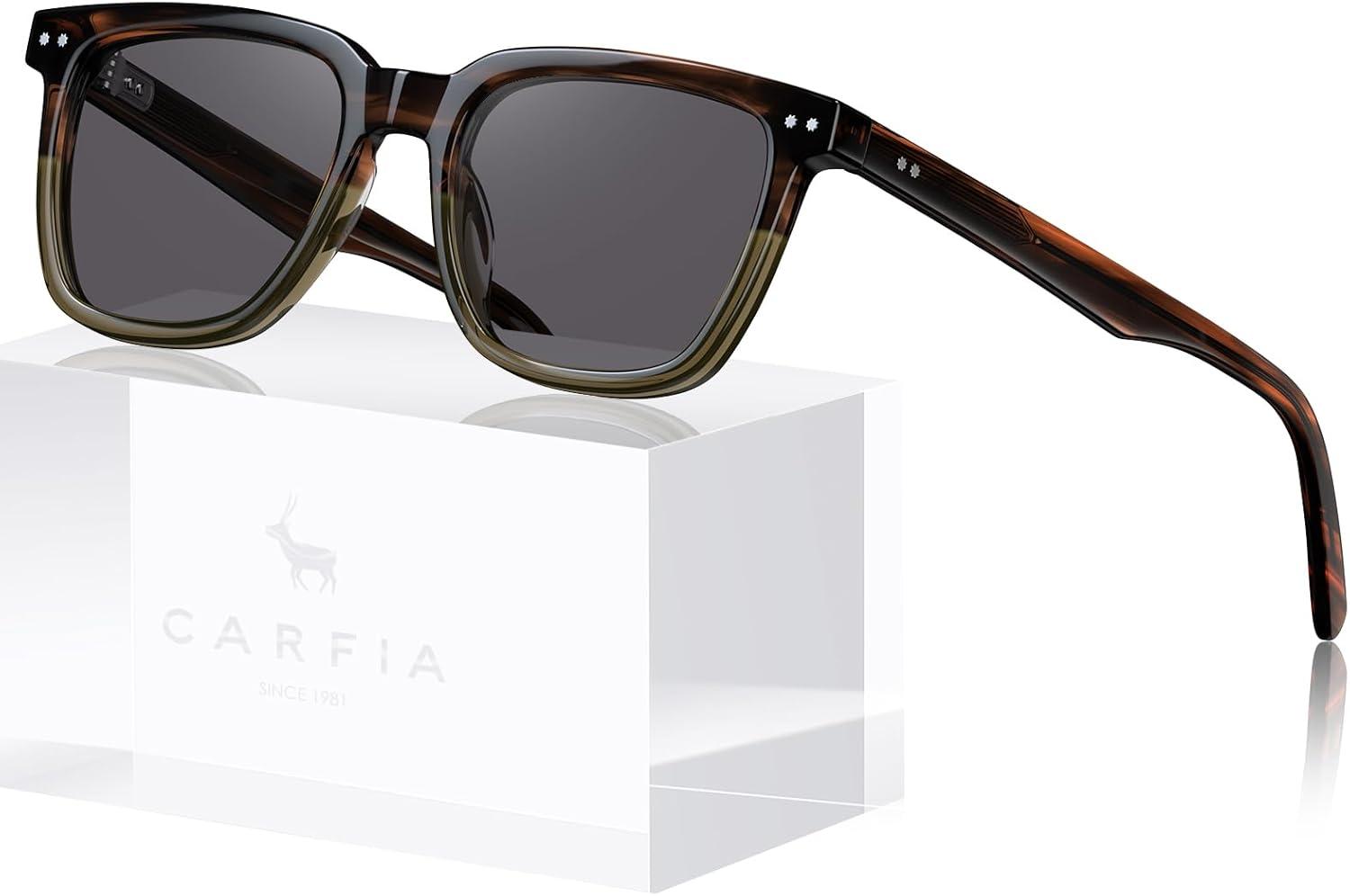 imageCARFIA Retro Acetate Polarized Sunglasses for Men UV Protection Square Classic Eyewear for Driving Outdoor2 TortoiseTranslucent Green Gray Lenses