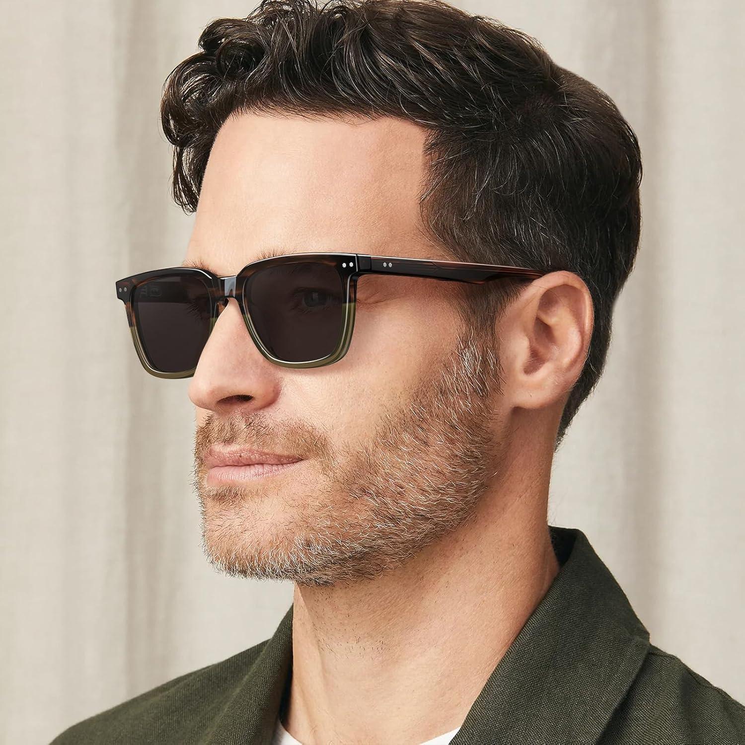 imageCARFIA Retro Acetate Polarized Sunglasses for Men UV Protection Square Classic Eyewear for Driving Outdoor2 TortoiseTranslucent Green Gray Lenses