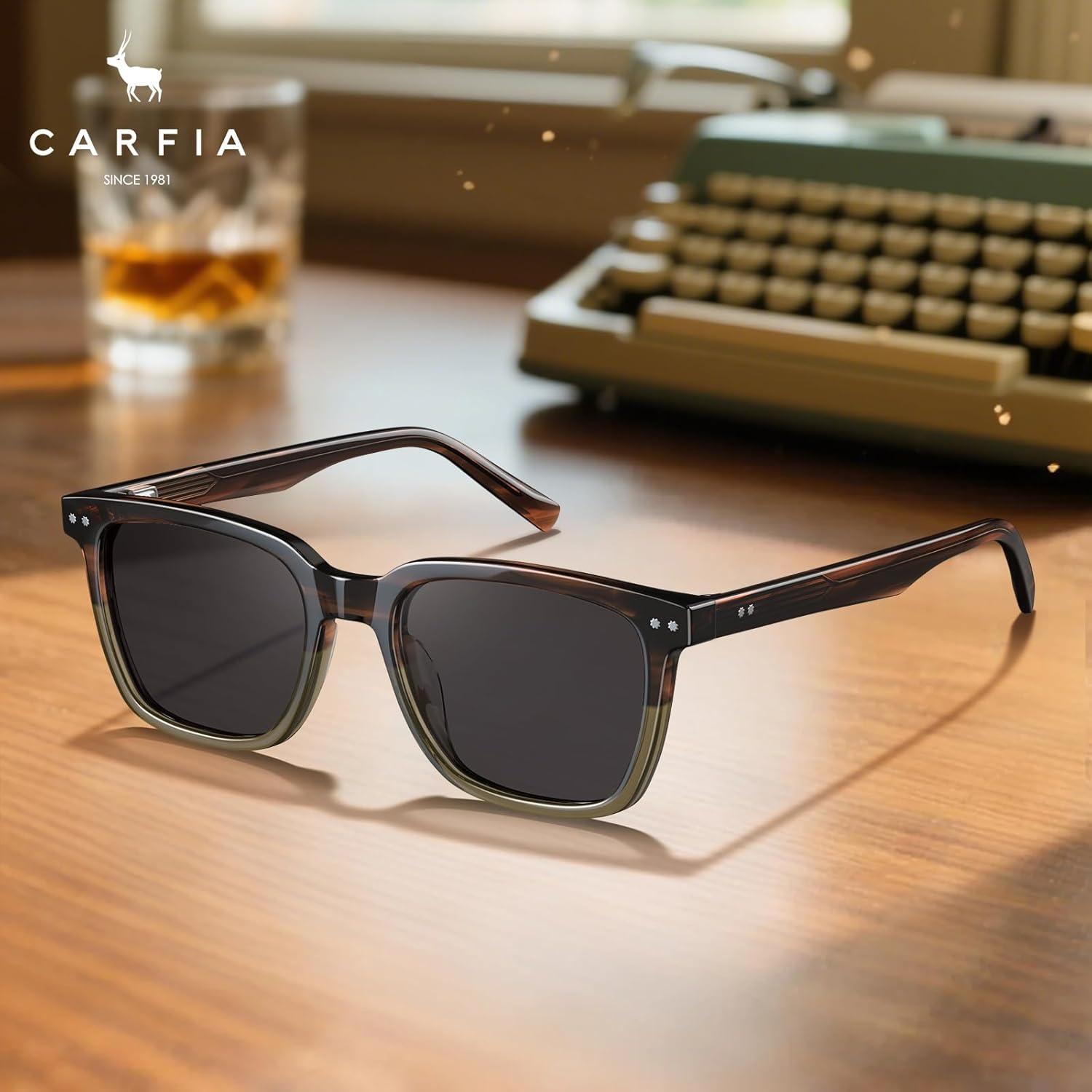 imageCARFIA Retro Acetate Polarized Sunglasses for Men UV Protection Square Classic Eyewear for Driving Outdoor2 TortoiseTranslucent Green Gray Lenses