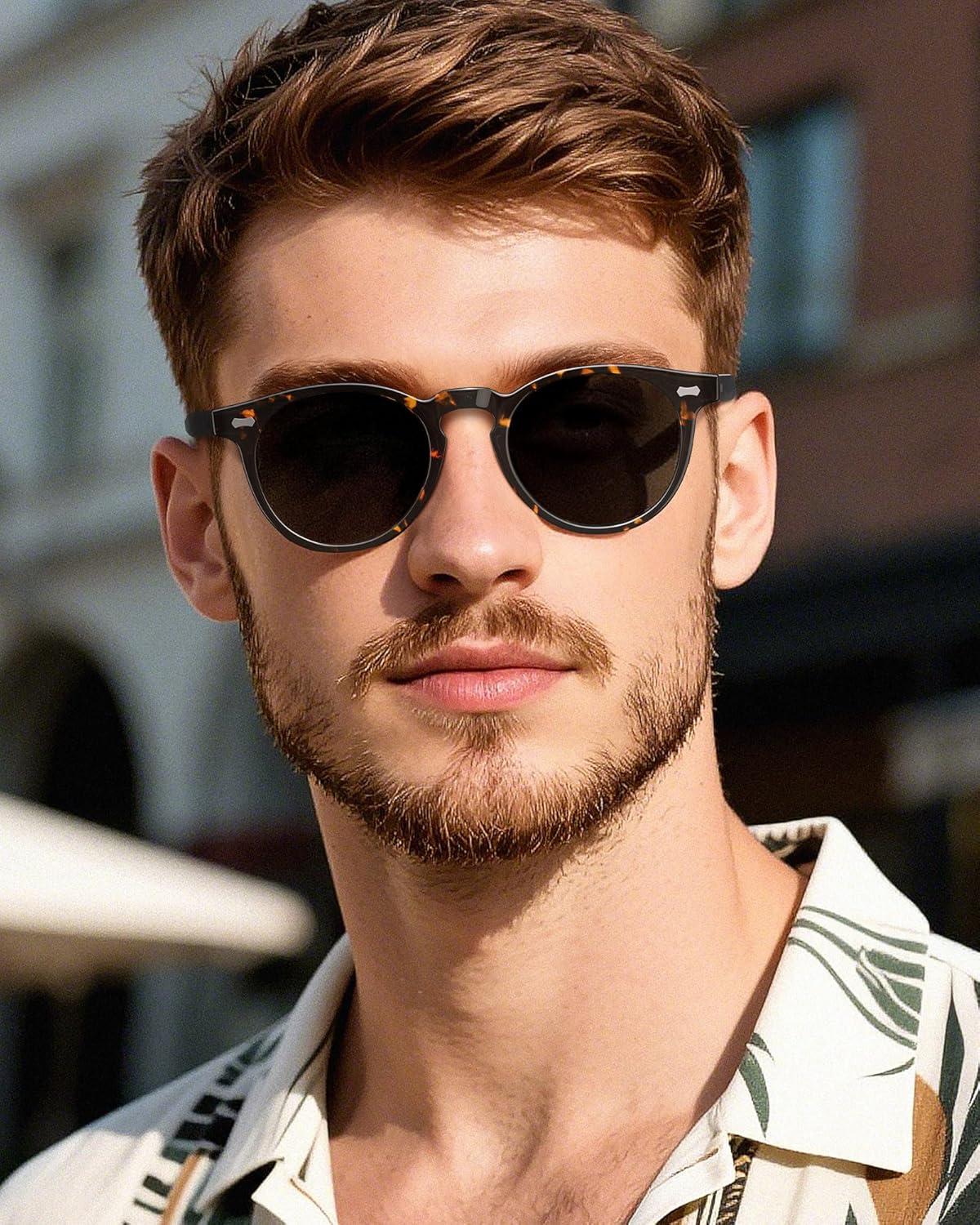 imageCARFIA Retro Acetate Polarized Sunglasses for Men UV Protection Vintage Round Frame Eyewear with Gold Filigree CA5506G Tortoiseshell Frame Grey Lens