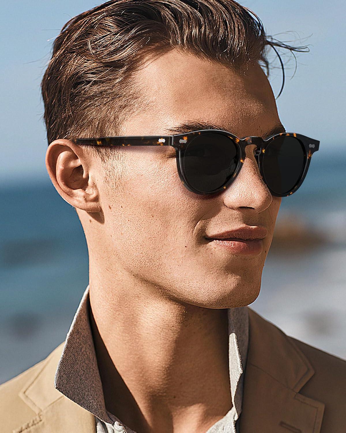 imageCARFIA Retro Acetate Polarized Sunglasses for Men UV Protection Vintage Round Frame Eyewear with Gold Filigree CA5506G Tortoiseshell Frame Grey Lens