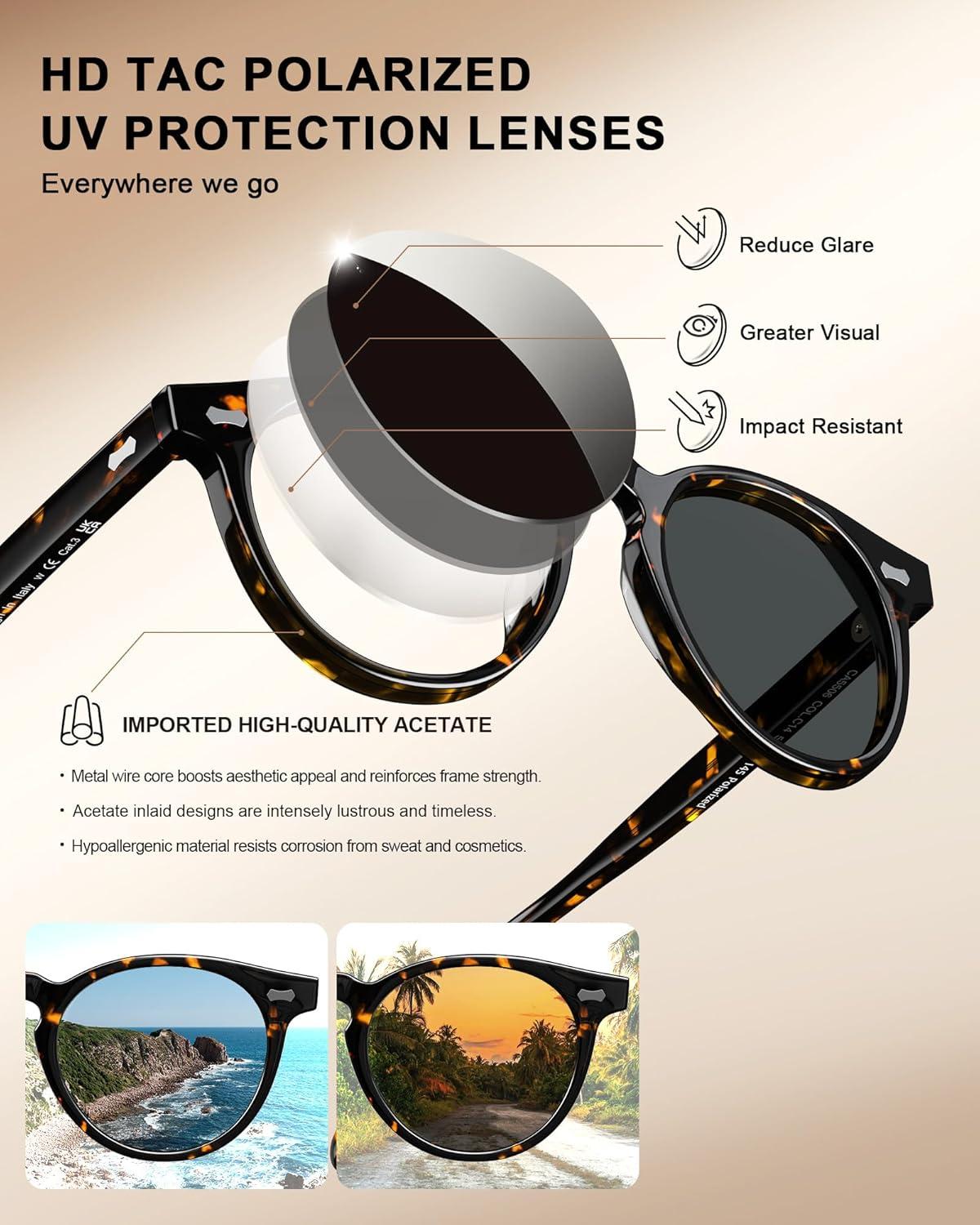 imageCARFIA Retro Acetate Polarized Sunglasses for Men UV Protection Vintage Round Frame Eyewear with Gold Filigree CA5506G Tortoiseshell Frame Grey Lens