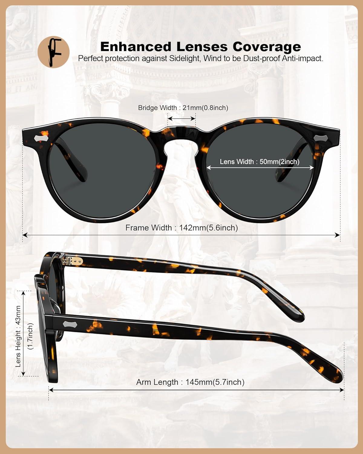 imageCARFIA Retro Acetate Polarized Sunglasses for Men UV Protection Vintage Round Frame Eyewear with Gold Filigree CA5506G Tortoiseshell Frame Grey Lens