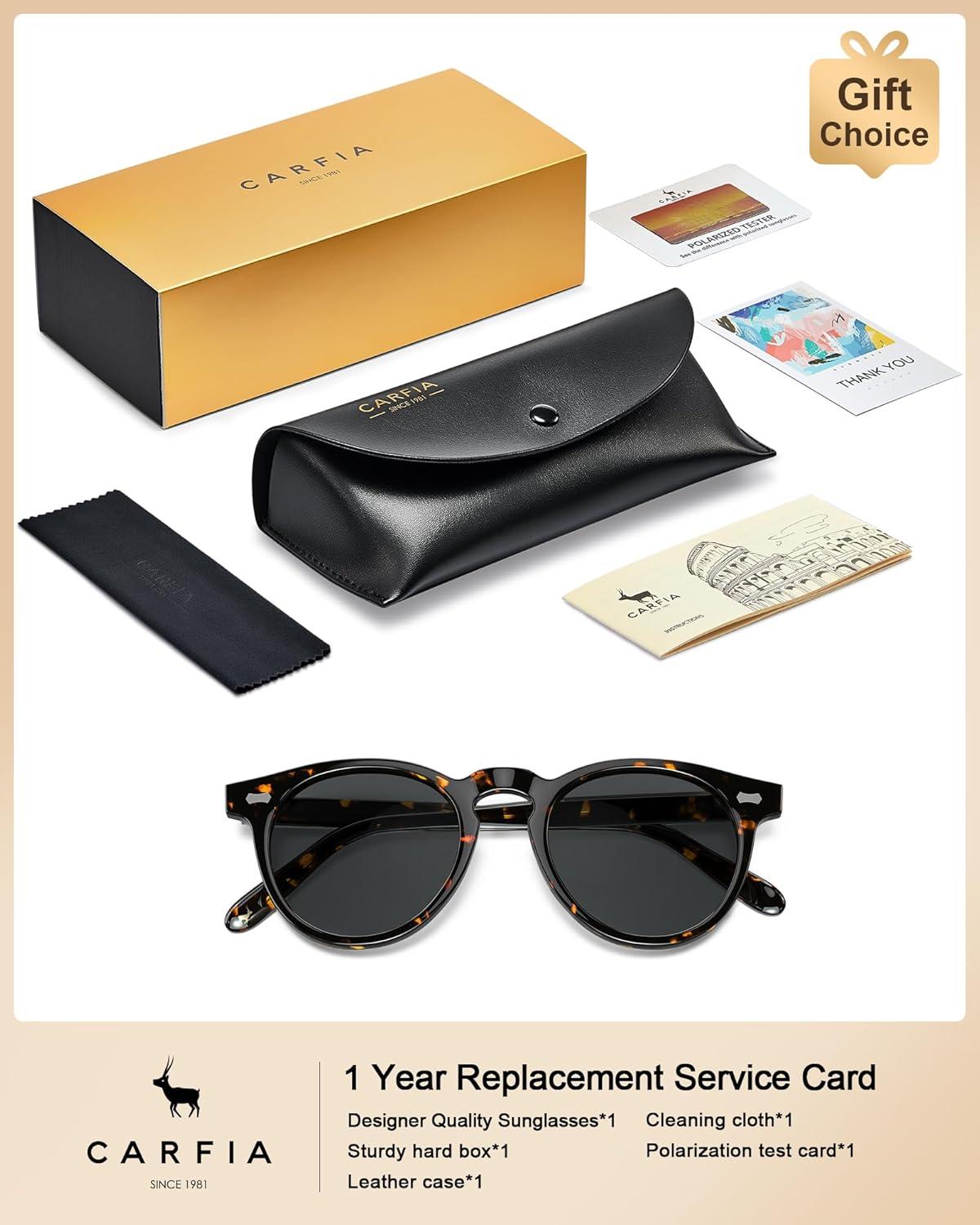 imageCARFIA Retro Acetate Polarized Sunglasses for Men UV Protection Vintage Round Frame Eyewear with Gold Filigree CA5506G Tortoiseshell Frame Grey Lens