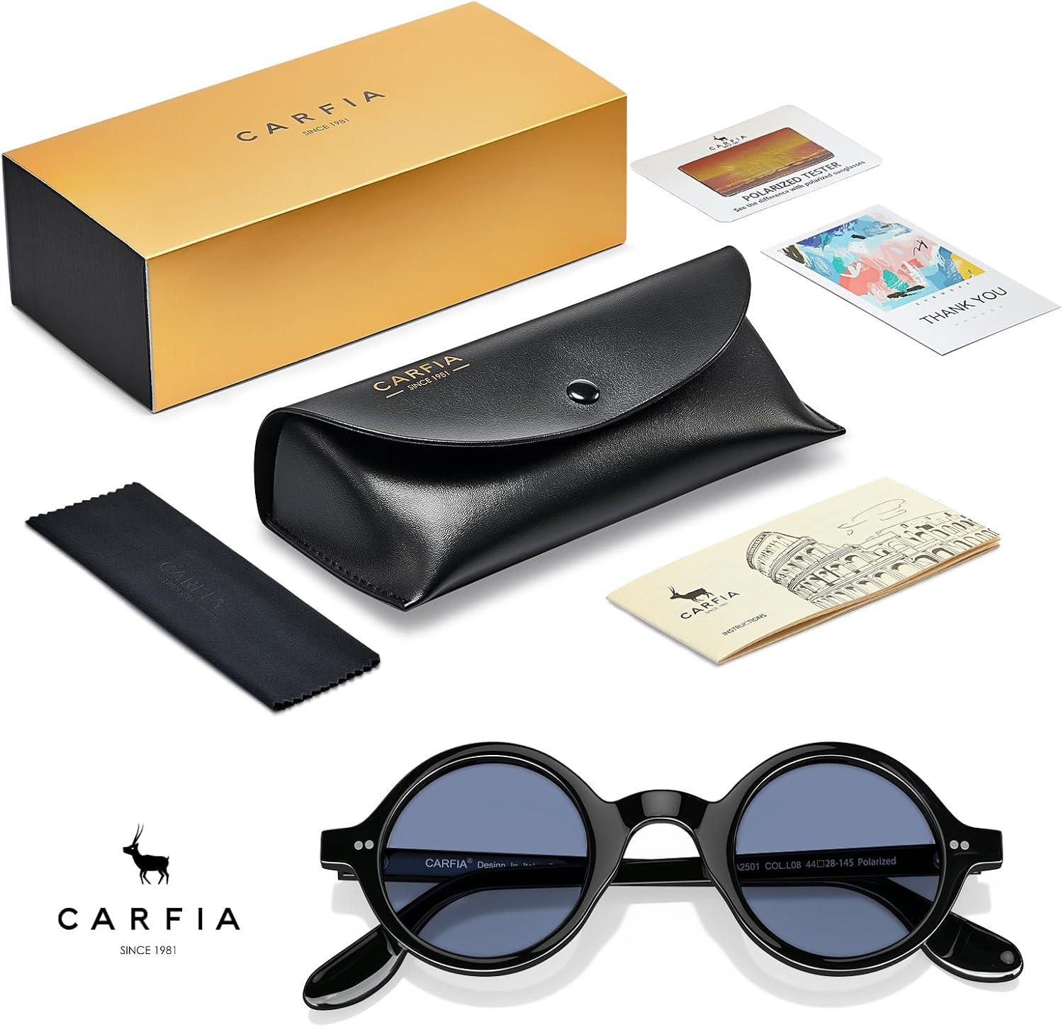 imageCARFIA Retro Acetate Small Face Polarized Sunglasses for Men Cool Classic Round Sun Glasses CA2501R1 Black Frame Blue Lens