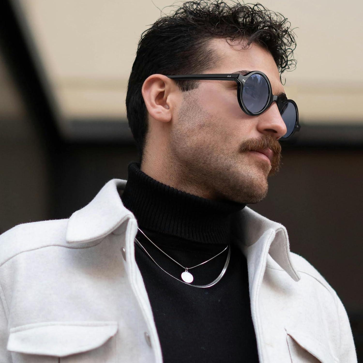 imageCARFIA Retro Acetate Small Face Polarized Sunglasses for Men Cool Classic Round Sun Glasses CA2501R1 Black Frame Blue Lens