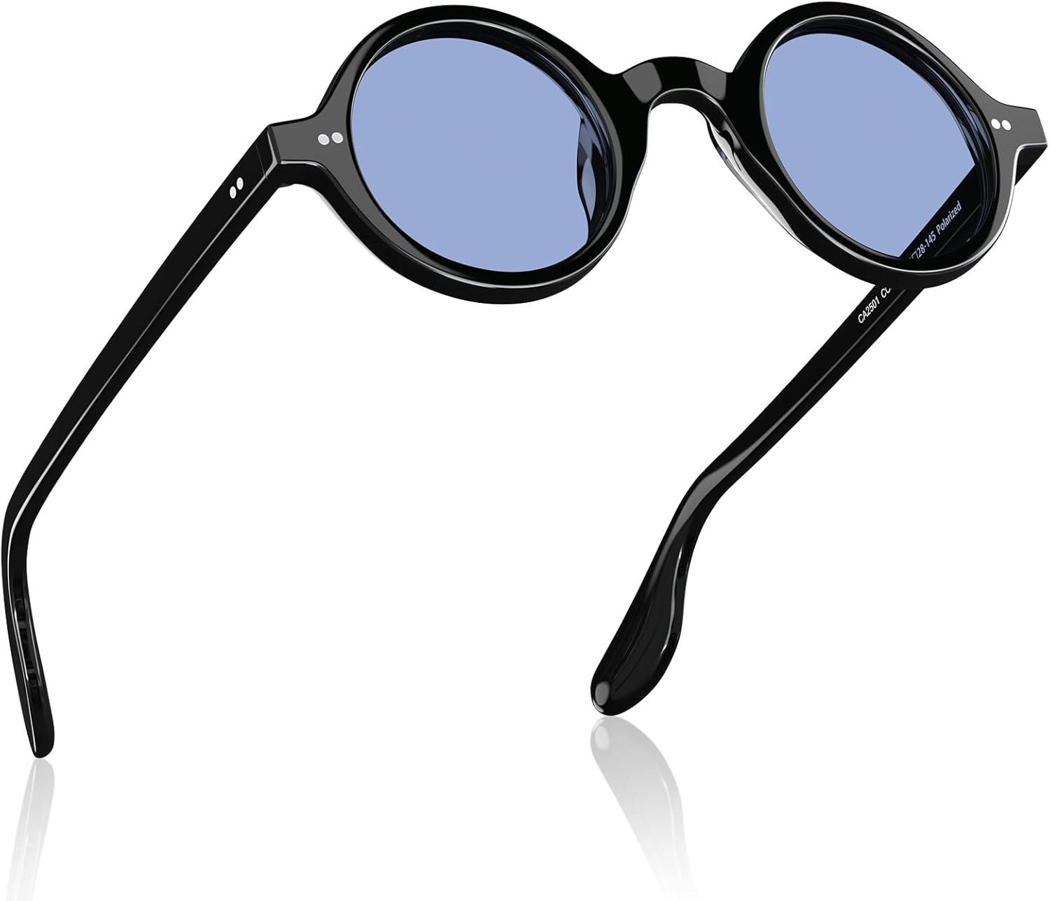imageCARFIA Retro Acetate Small Face Polarized Sunglasses for Men Cool Classic Round Sun Glasses CA2501R1 Black Frame Blue Lens