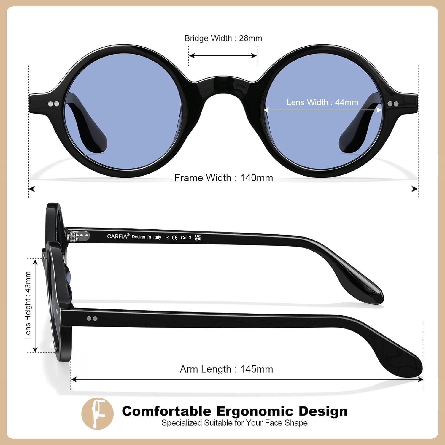 imageCARFIA Retro Acetate Small Face Polarized Sunglasses for Men Cool Classic Round Sun Glasses CA2501R1 Black Frame Blue Lens