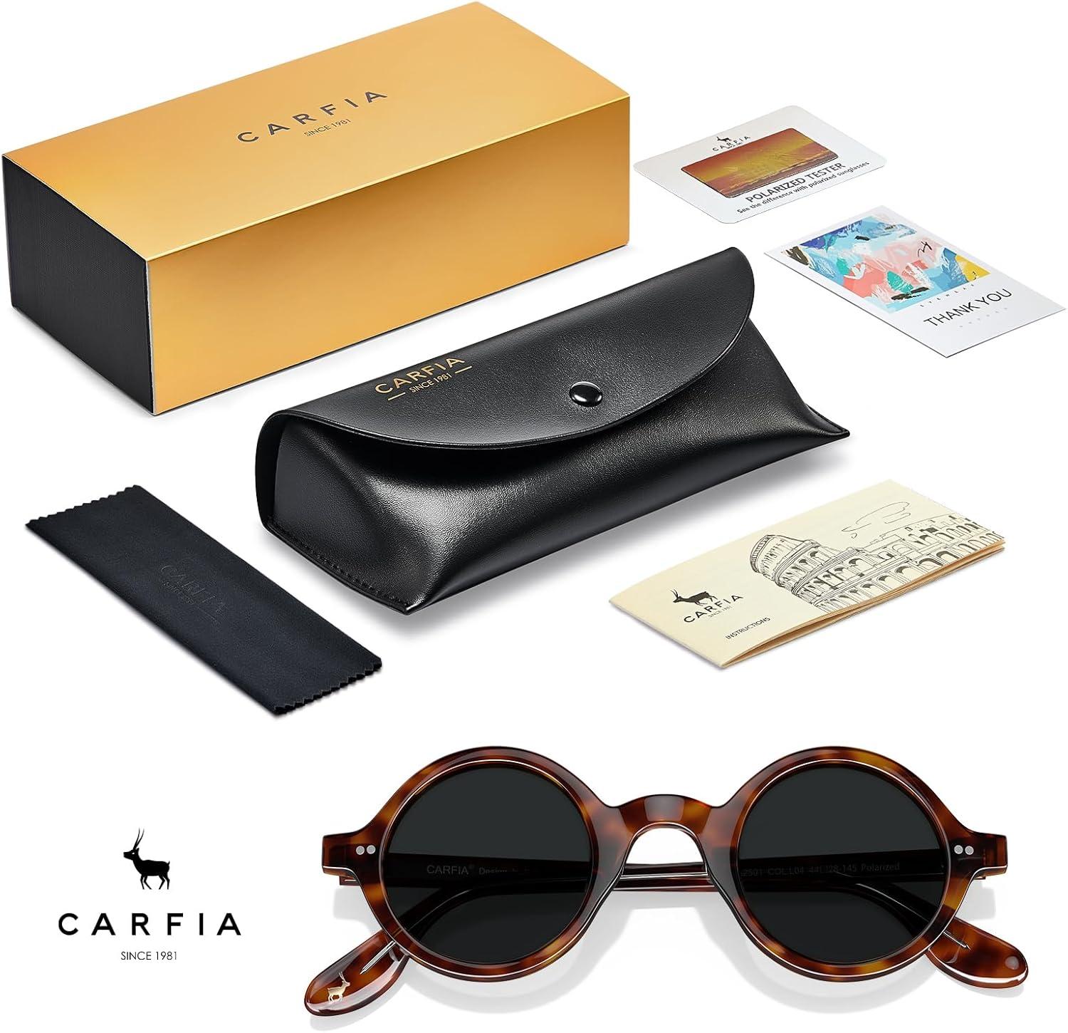 imageCARFIA Retro Acetate Small Face Polarized Sunglasses for Men Cool Classic Round Sun Glasses CA2501R22 Black Lens