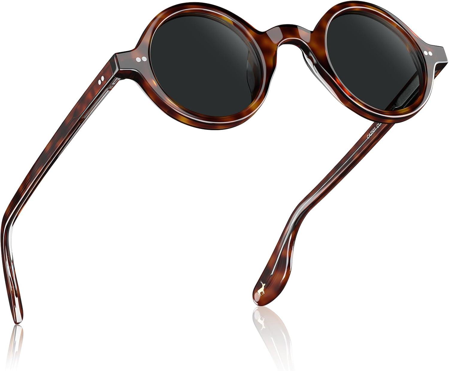 imageCARFIA Retro Acetate Small Face Polarized Sunglasses for Men Cool Classic Round Sun Glasses CA2501R22 Black Lens