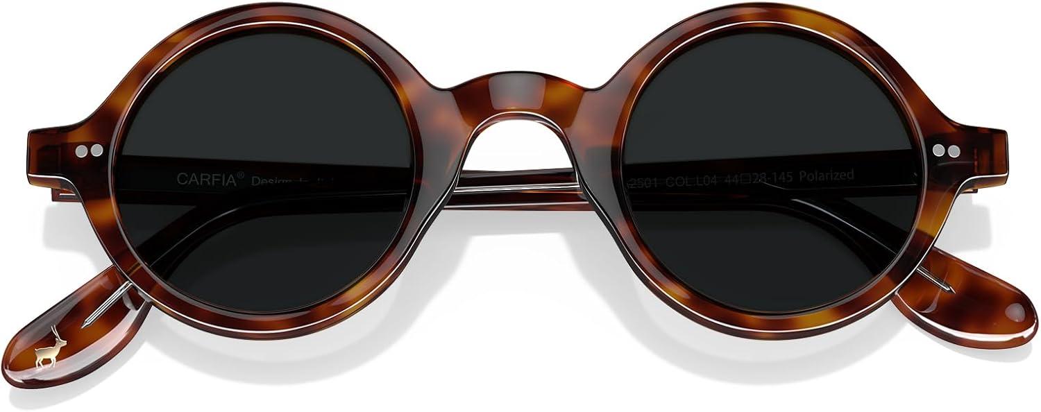 imageCARFIA Retro Acetate Small Face Polarized Sunglasses for Men Cool Classic Round Sun Glasses CA2501R22 Black Lens