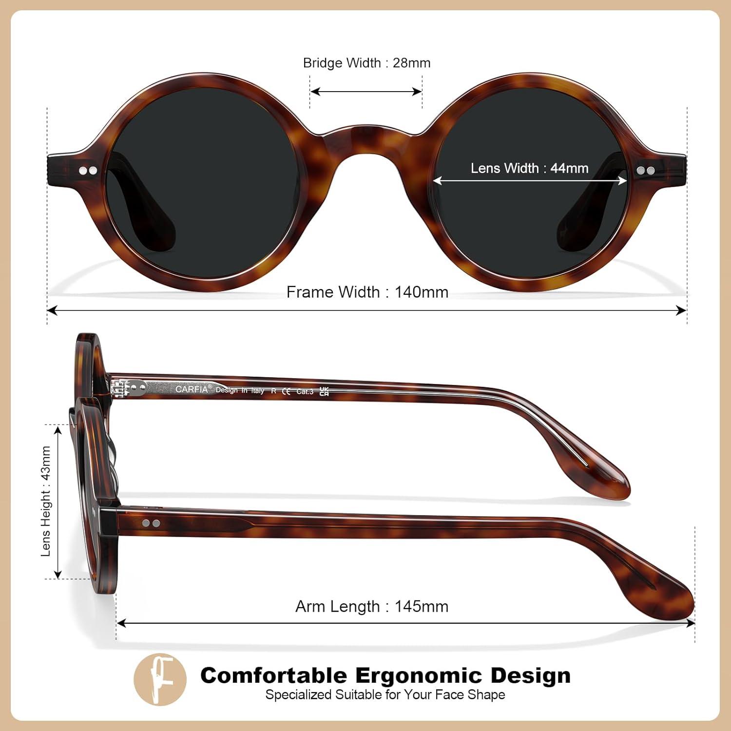 imageCARFIA Retro Acetate Small Face Polarized Sunglasses for Men Cool Classic Round Sun Glasses CA2501R22 Black Lens