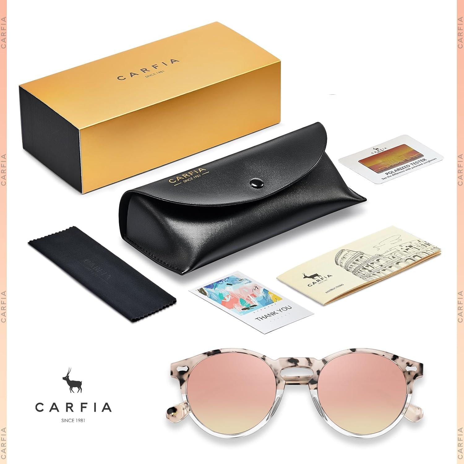 imageCARFIA Retro Polarized Sunglasses for Women UV Protection Acetate Classic Vintage Style Round Shades2pink Tortoise Frame Pink Mirror