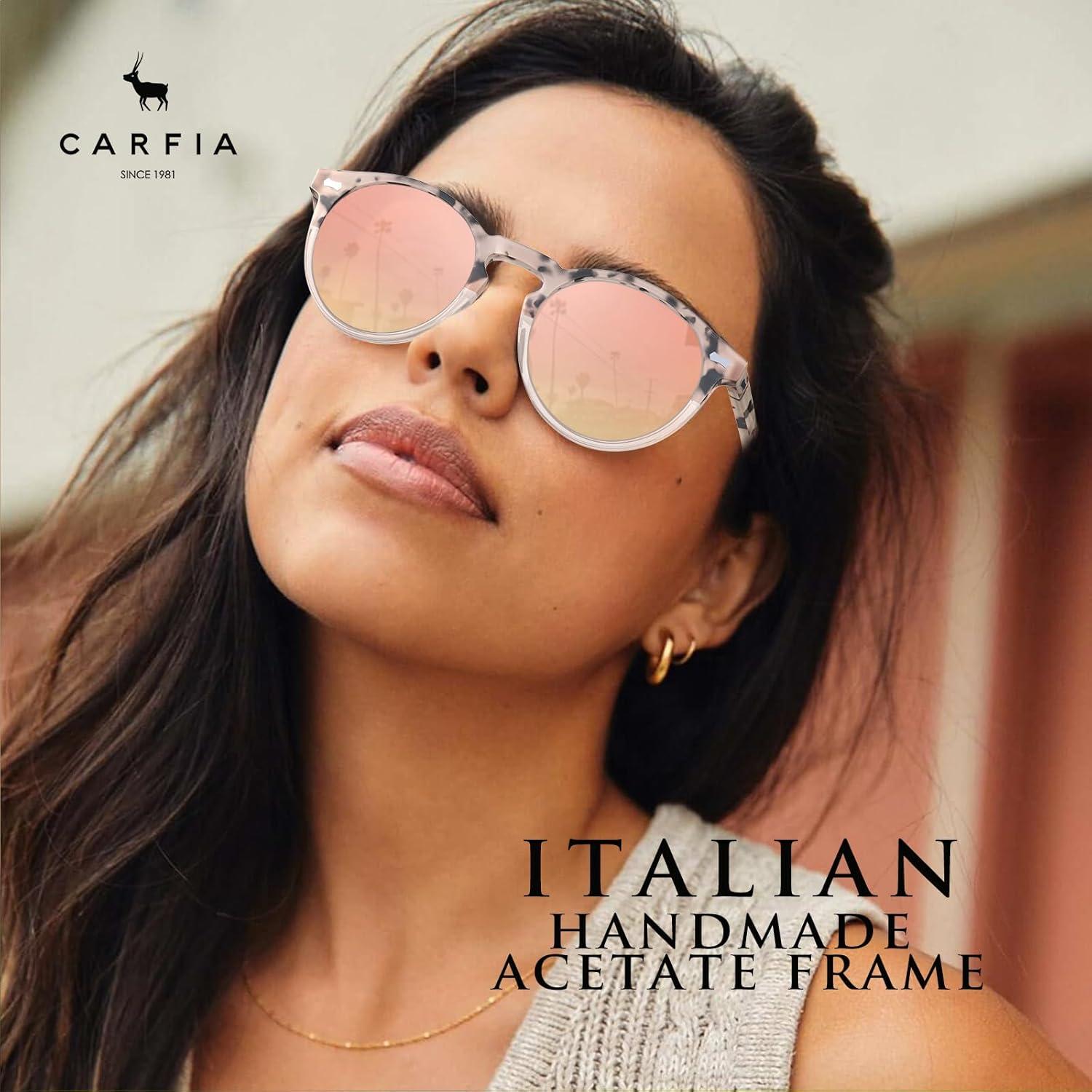 imageCARFIA Retro Polarized Sunglasses for Women UV Protection Acetate Classic Vintage Style Round Shades2pink Tortoise Frame Pink Mirror