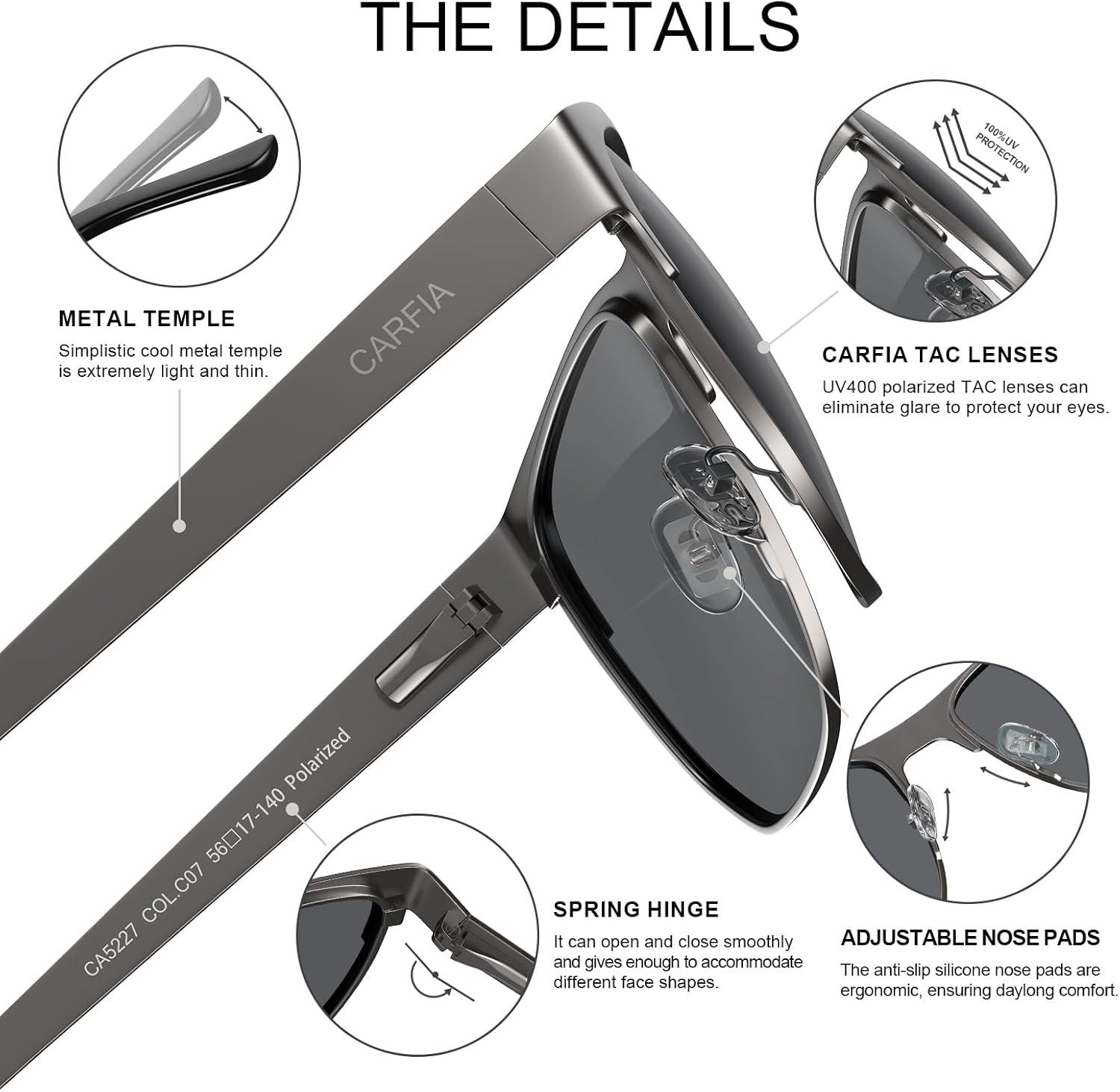 imageCARFIA Square Driving Polarized Sunglasses for Men Spring Hinge Eyewear CA52273 Gun Frame Grey Lens